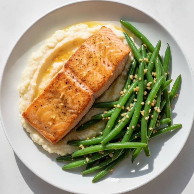 Seared Salmon Fillet with Garlic Green Beans and Cauliflower Mash