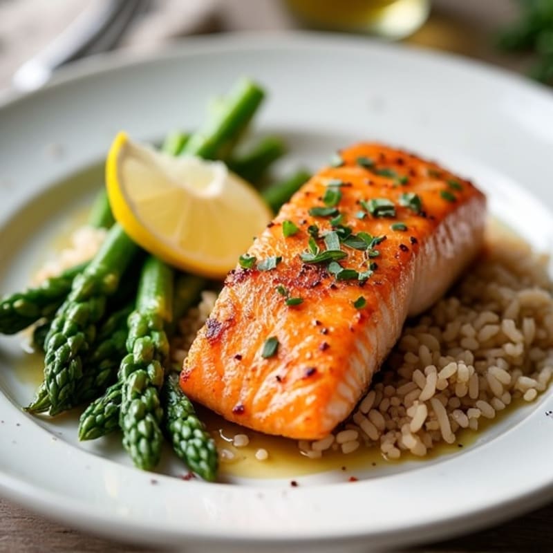 Pan-Seared Salmon with Steamed Asparagus and Brown Rice