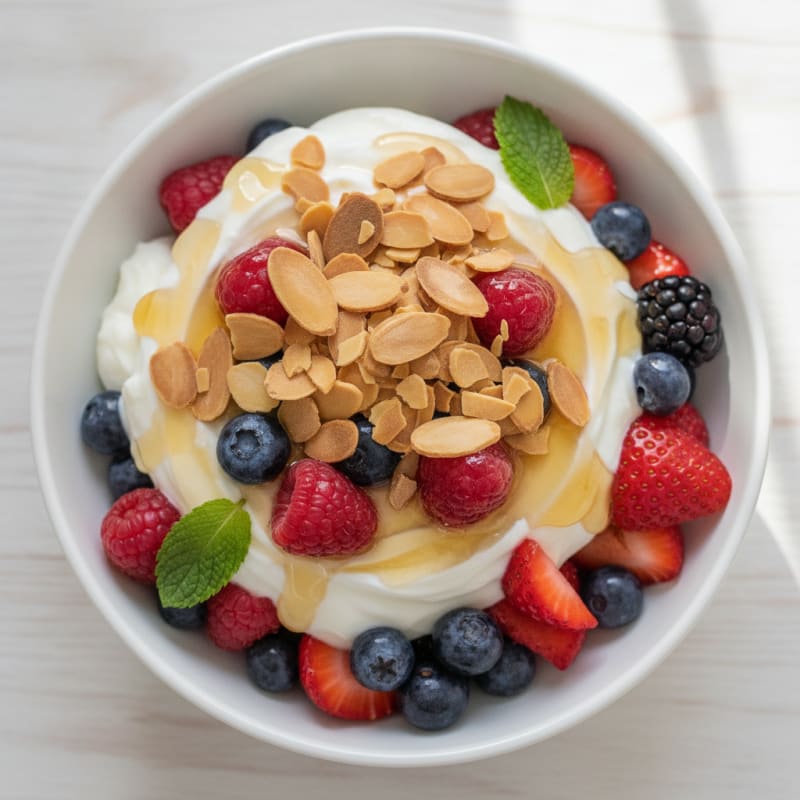 Greek Yogurt Parfait with Mixed Berries and Crunchy Almonds