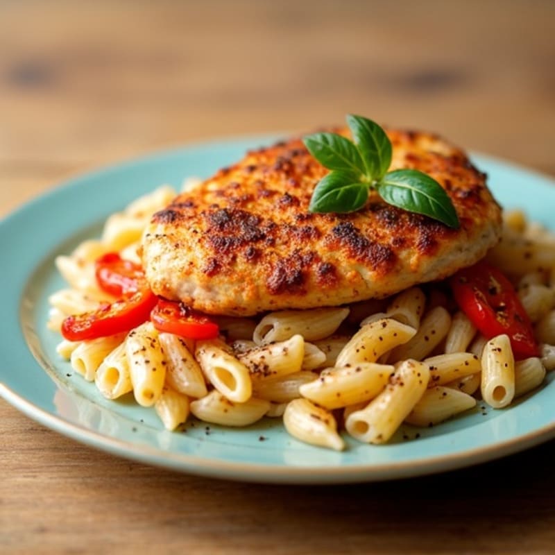 Spicy Cajun Chicken with Creamy Whole Wheat Pasta and Roasted Bell Peppers