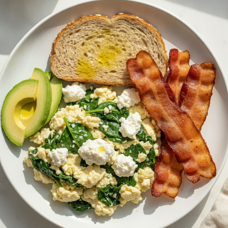 Egg White Spinach Scramble with Cottage Cheese and Turkey Bacon
