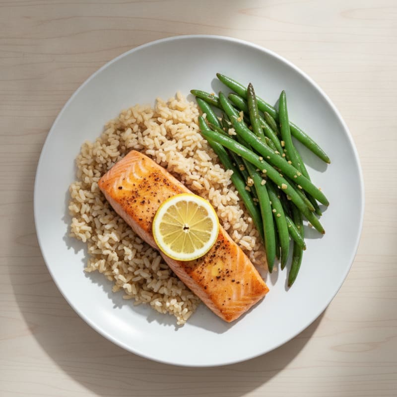 Seared Salmon with Garlic Green Beans and Brown Rice