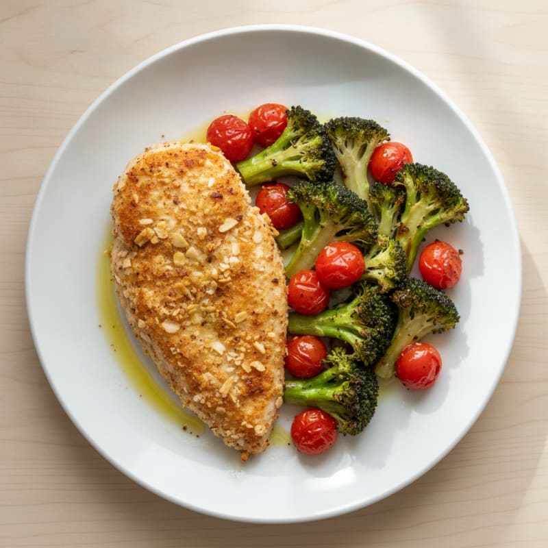 Crispy Chicken Breast with Roasted Broccoli and Cherry Tomatoes