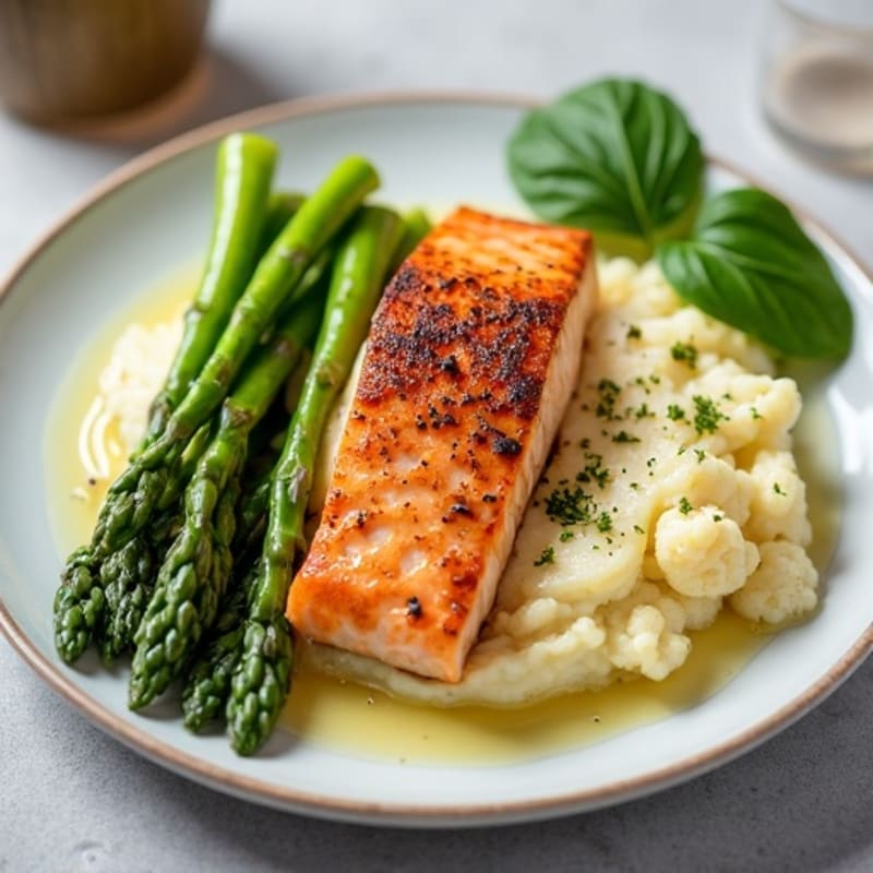 Seared Salmon with Steamed Asparagus and Garlic Mashed Cauliflower