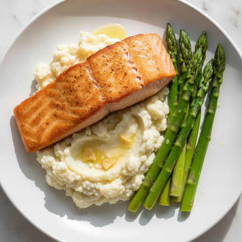Seared Salmon with Steamed Asparagus and Garlic Mashed Cauliflower