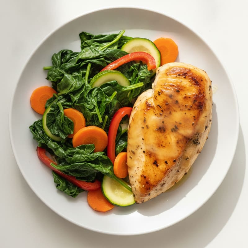 Roasted Chicken Breast with Steamed Spinach and Mixed Vegetables
