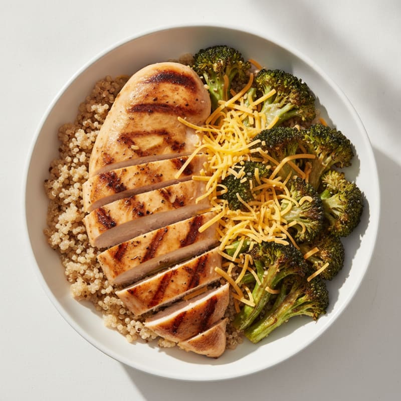 Grilled Chicken and Quinoa Bowl with Roasted Broccoli and Shredded Cheddar
