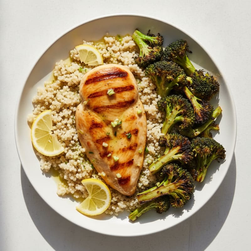 Grilled Lemon-Garlic Chicken Breast with Quinoa and Roasted Broccoli