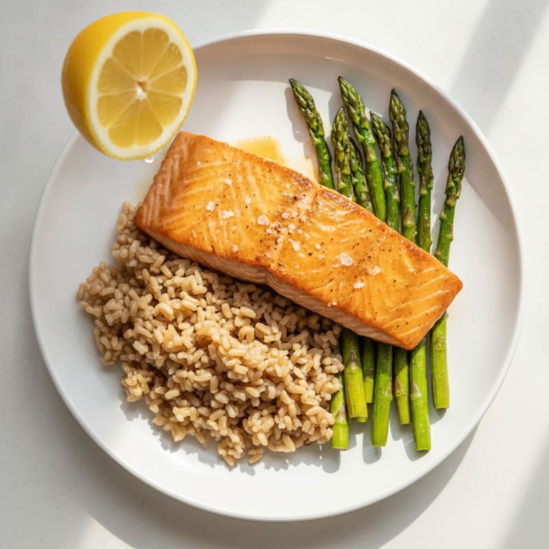 Seared Salmon Fillet with Roasted Asparagus and Brown Rice
