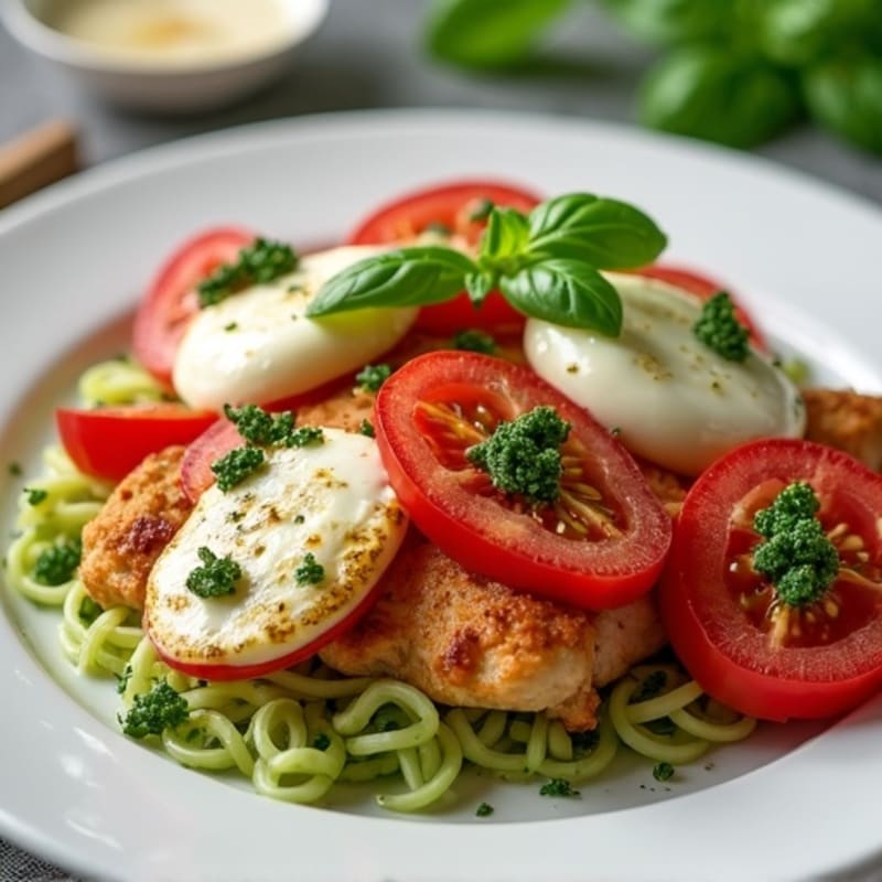 Pan-Seared Chicken with Fresh Tomatoes, Creamy Mozzarella, and Zesty Basil Pesto