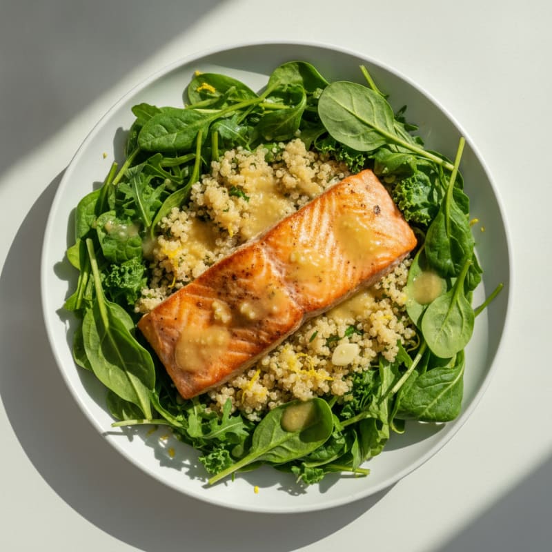 Roasted Salmon with Lemon Garlic Quinoa and Mixed Greens