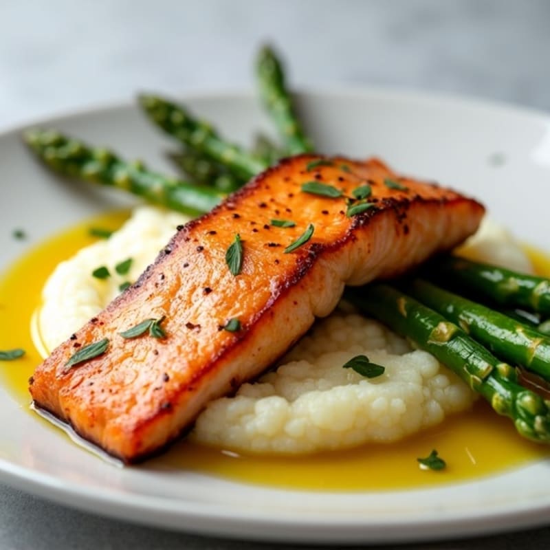 Seared Salmon with Steamed Asparagus and Cauliflower Mash