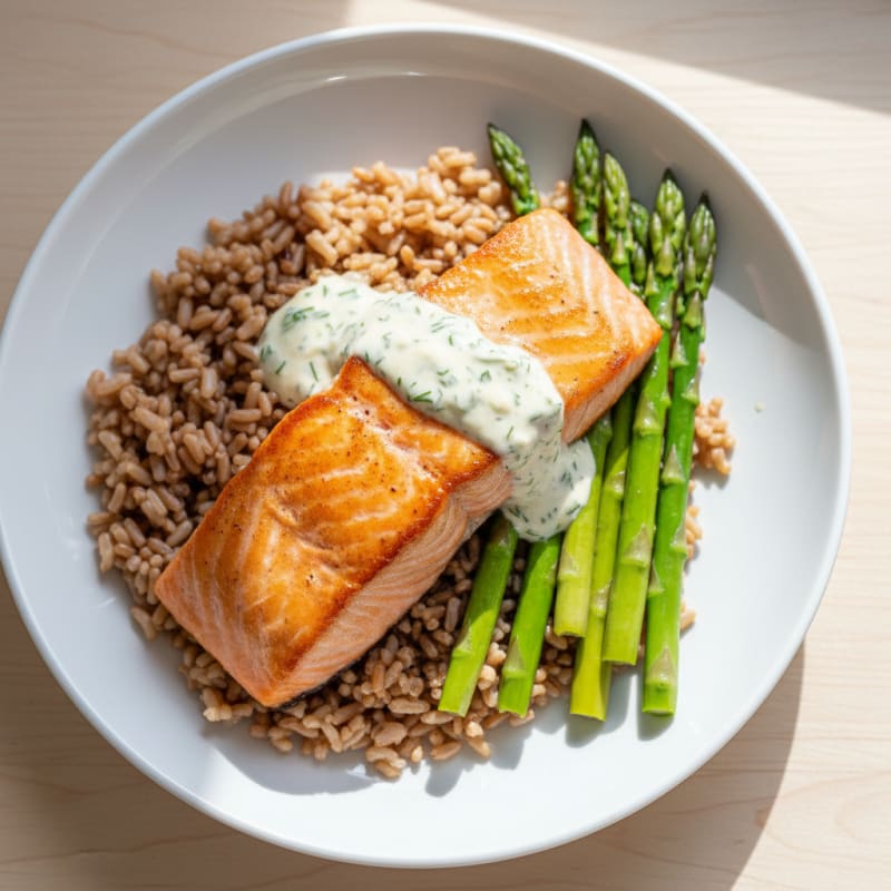 Seared Salmon Fillet with Steamed Asparagus and Brown Rice