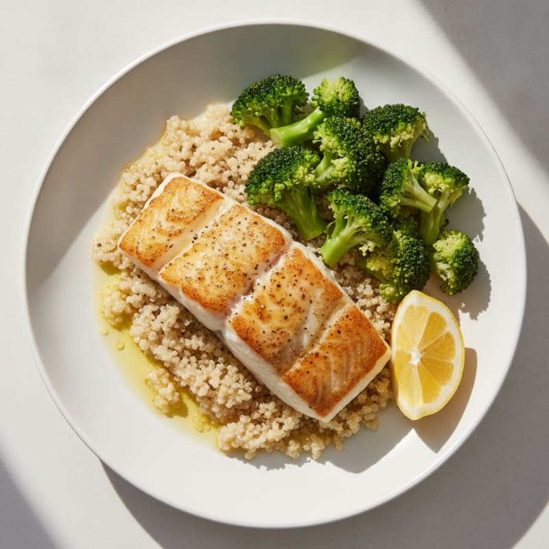 Seared Cod with Steamed Broccoli and Quinoa