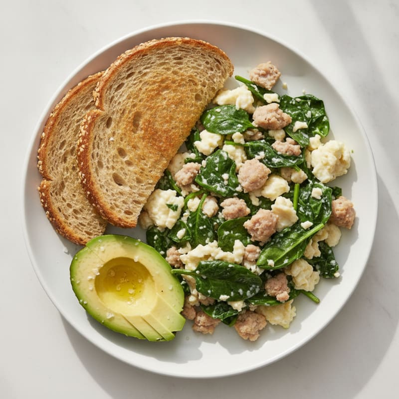 Egg White and Turkey Sausage Scramble with Sautéed Spinach