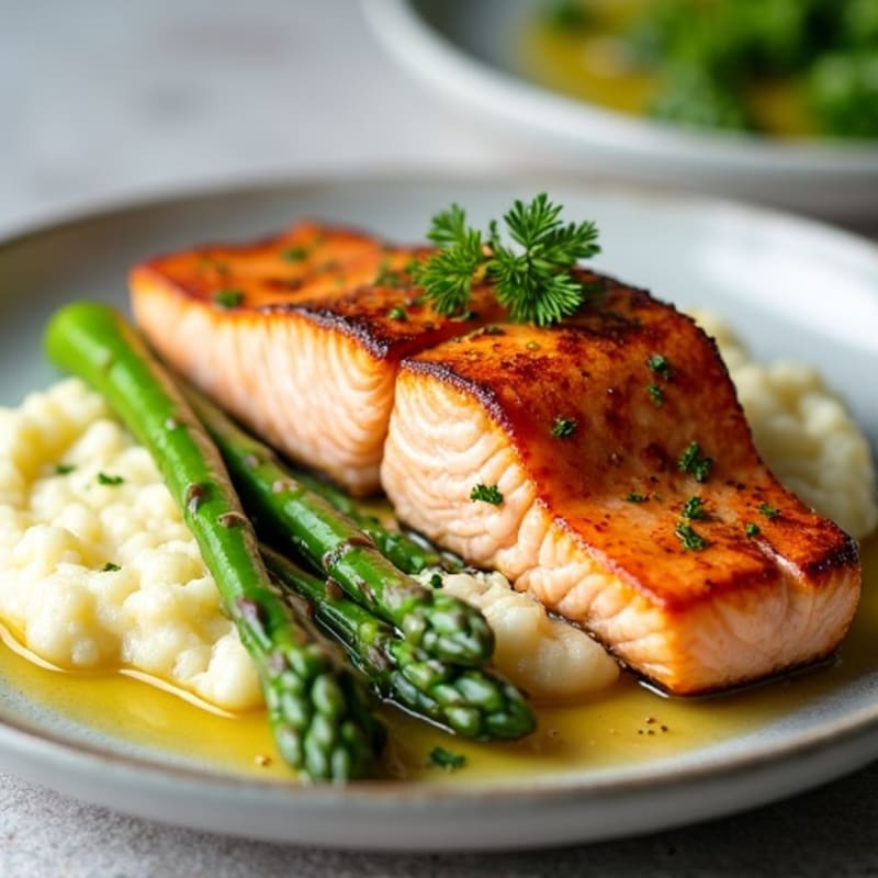 Seared Salmon with Steamed Asparagus and Cauliflower Mash