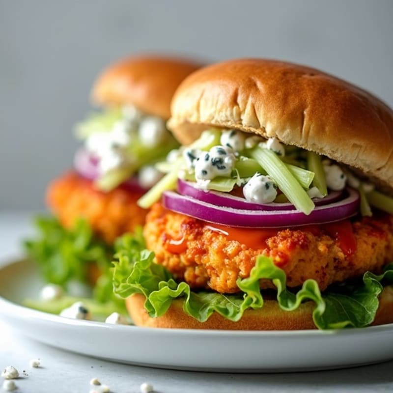Lean Grilled Buffalo Chicken Burgers with Creamy Blue Cheese Slaw