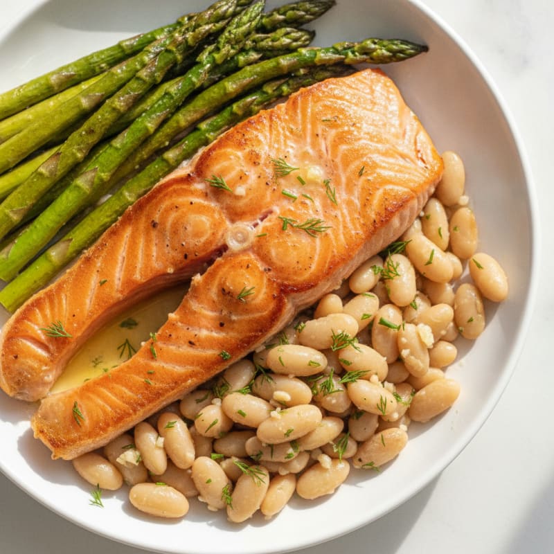 Seared Salmon Fillet with Roasted Asparagus and White Beans
