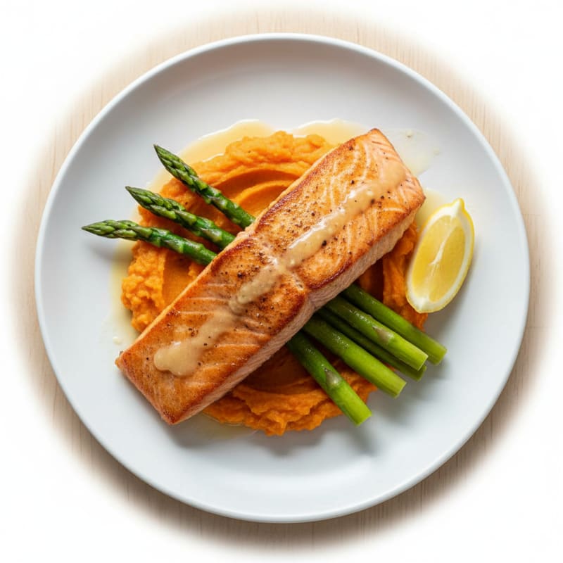 Seared Salmon with Steamed Asparagus and Sweet Potato Mash