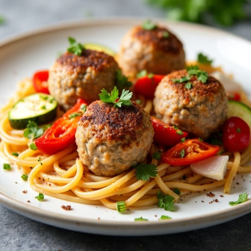 Juicy Lean Turkey Meatballs with Whole Wheat Spaghetti and Roasted Vegetables