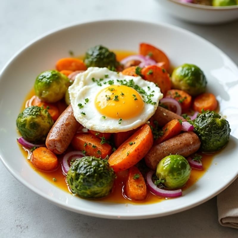 Sweet Potato and Turkey Sausage Hash with Crispy Brussels Sprouts
