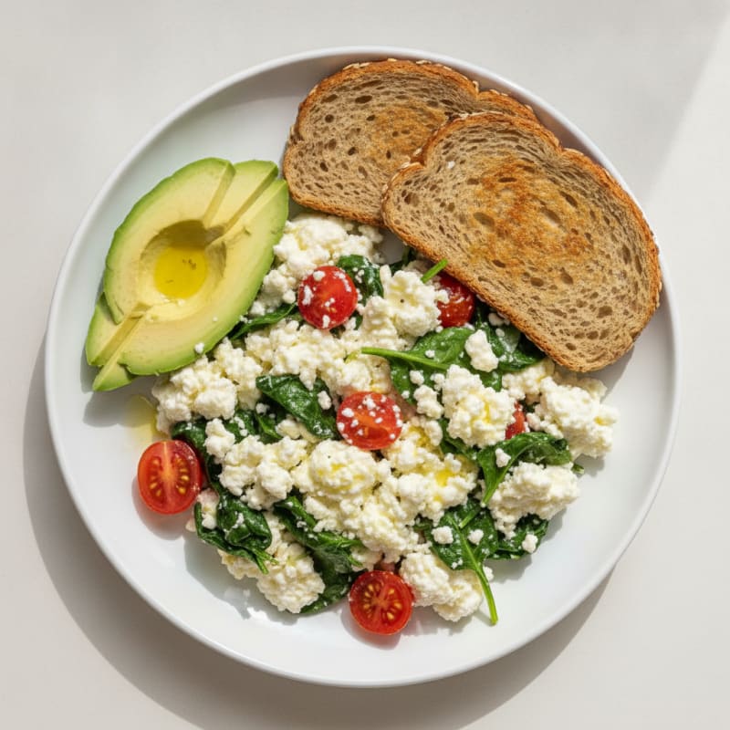 Egg White and Cottage Cheese Scramble with Spinach and Cherry Tomatoes