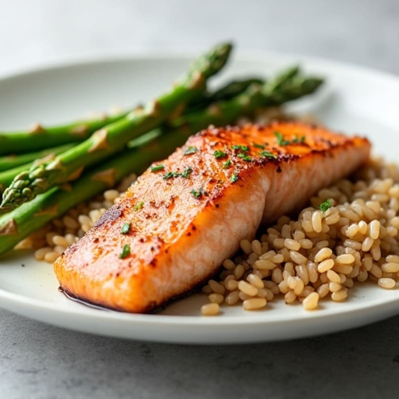 Seared Salmon Fillet with Steamed Asparagus and Brown Rice