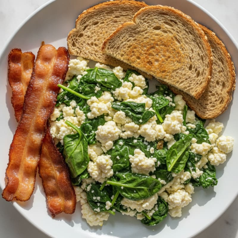 Cottage Cheese Scramble with Spinach and Turkey Bacon