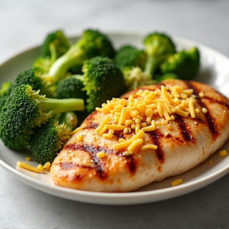 Grilled Chicken Breast with Steamed Broccoli and Shredded Cheddar