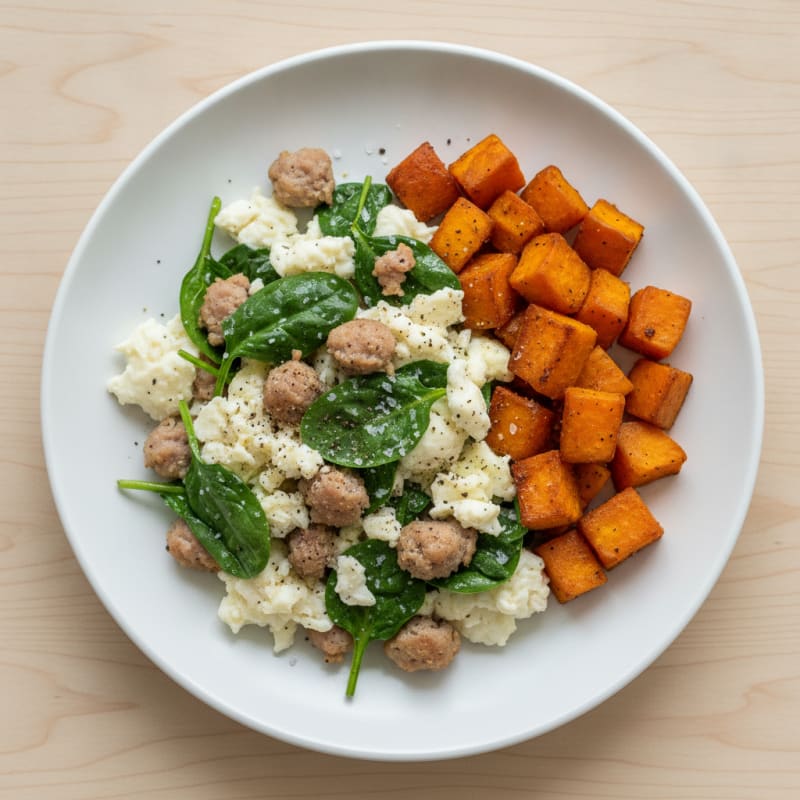 Egg White and Turkey Sausage Scramble with Spinach and Roasted Sweet Potatoes