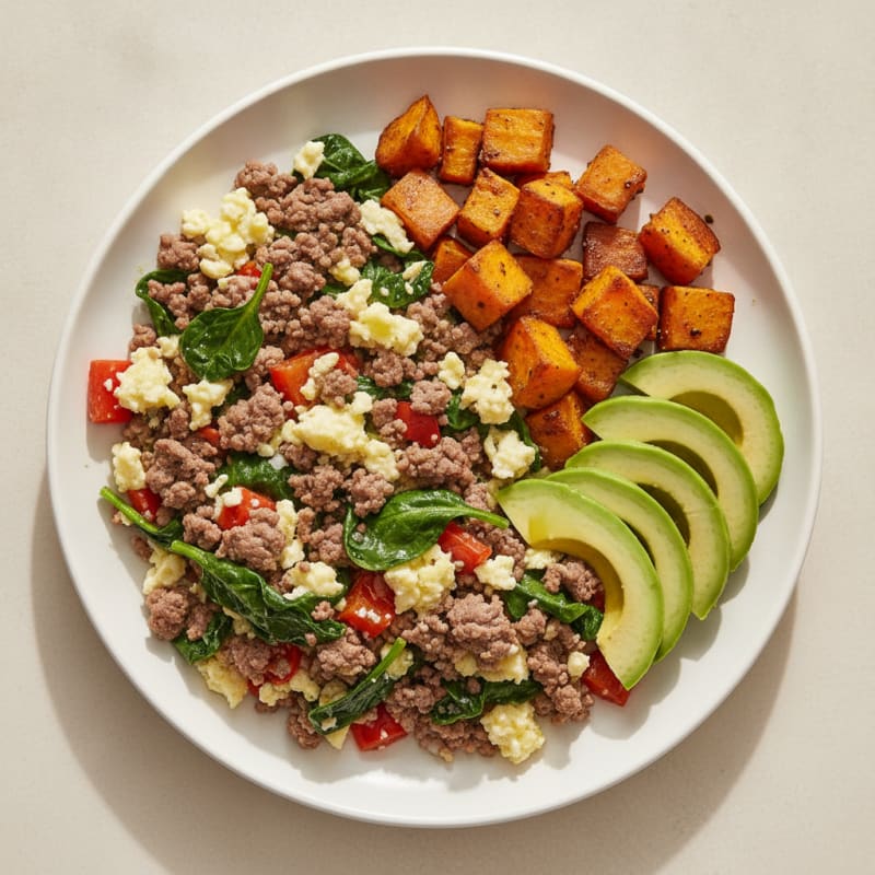 Egg White and Lean Beef Scramble with Spinach and Bell Peppers