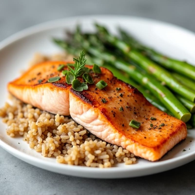 Baked Salmon with Steamed Asparagus and Brown Rice