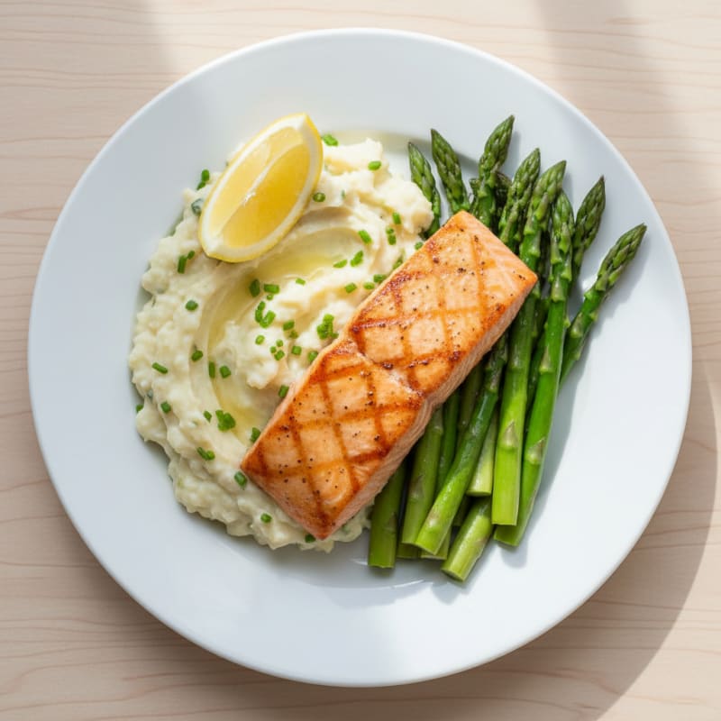 Seared Salmon Fillet with Steamed Asparagus and Garlic Mashed Cauliflower