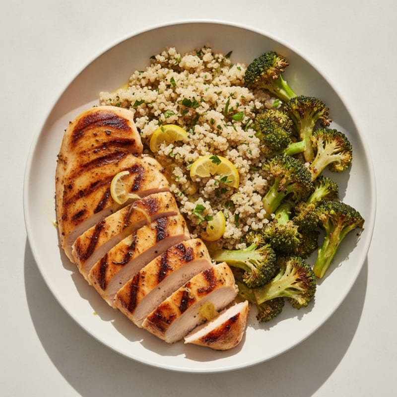 Grilled Chicken Breast with Roasted Broccoli and Quinoa
