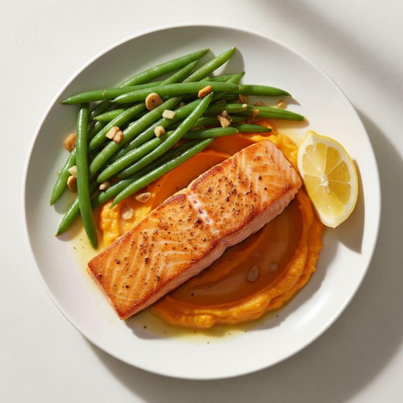 Seared Salmon with Garlic Green Beans and Sweet Potato Mash