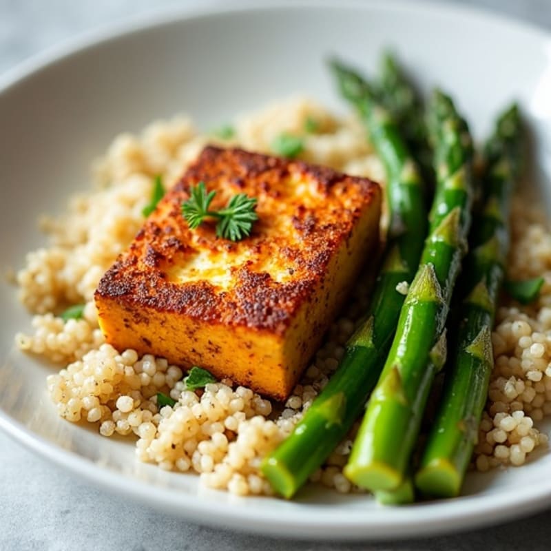 Crispy Baked Tofu with Roasted Asparagus and Fluffy Quinoa