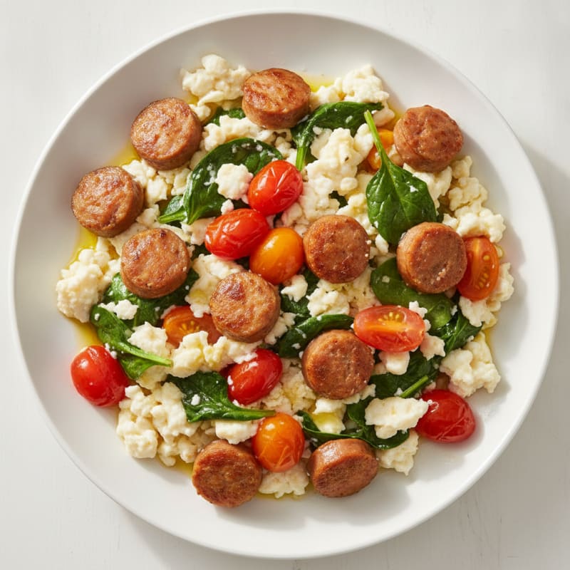 Egg White and Turkey Sausage Scramble with Sautéed Spinach