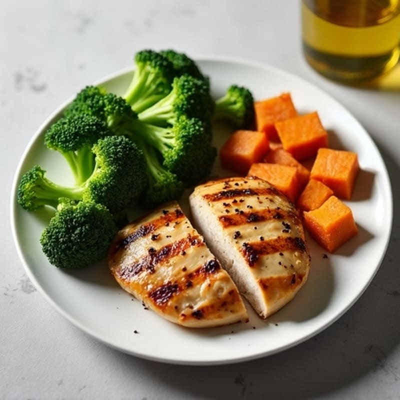 Grilled Chicken Breast with Roasted Sweet Potato and Steamed Broccoli