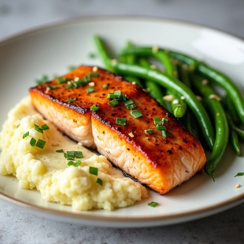 Seared Salmon Fillet with Garlic Green Beans and Cauliflower Mash