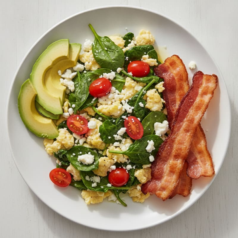 Crispy Turkey Bacon and Egg White Scramble with Spinach and Tomatoes