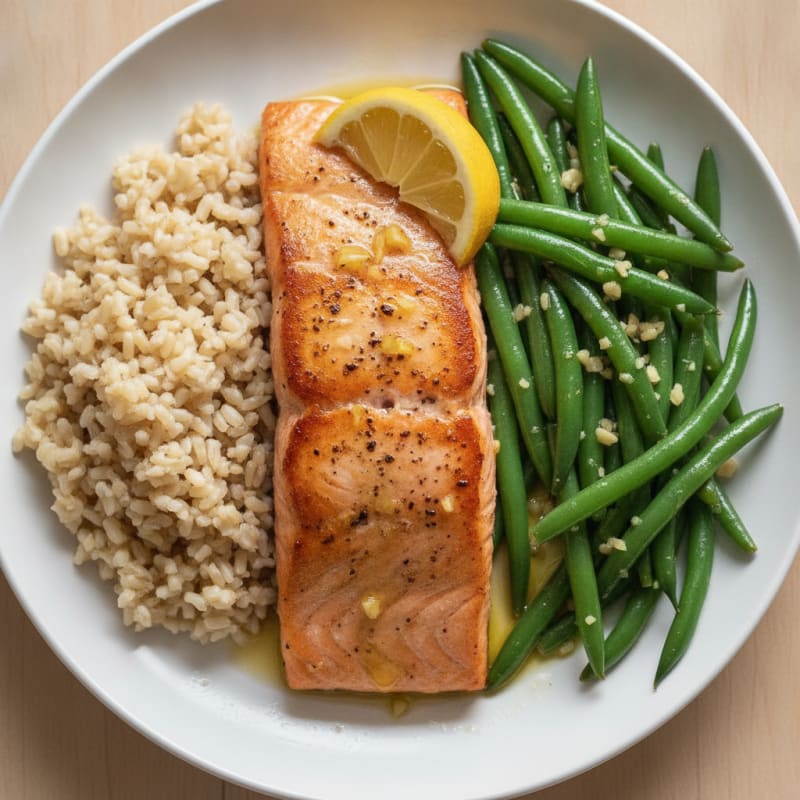 Seared Salmon with Garlic Green Beans and Brown Rice