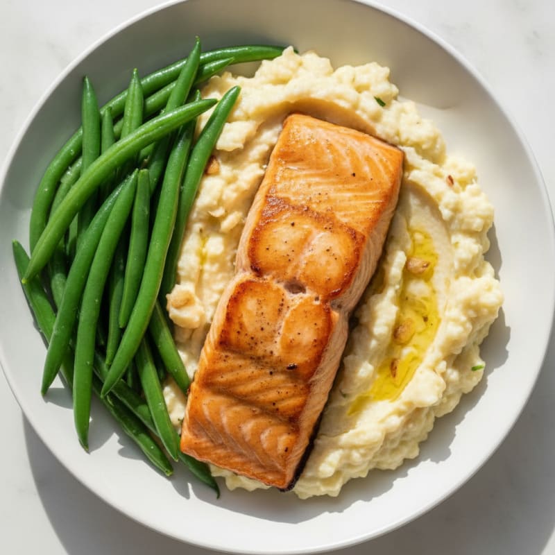 Seared Salmon with Steamed Green Beans and Mashed Cauliflower