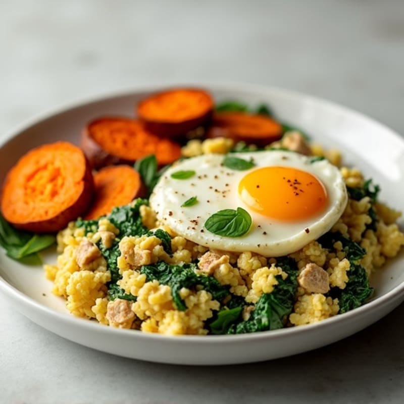 Egg White and Turkey Spinach Scramble with Roasted Sweet Potatoes