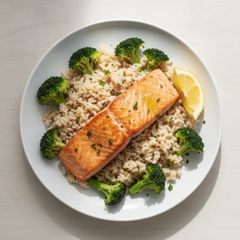 Seared Salmon with Steamed Broccoli and Herbed Rice