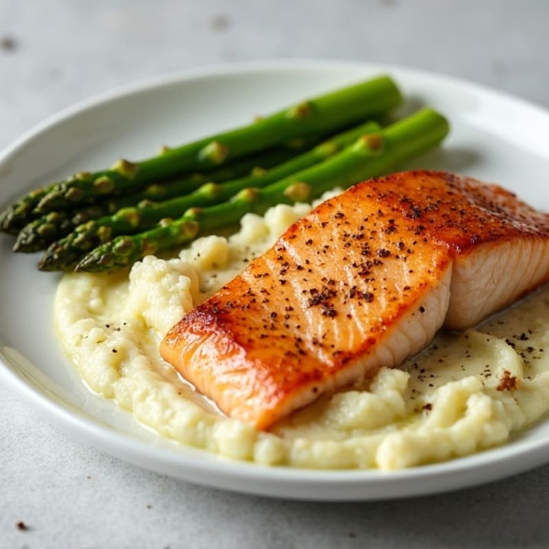 Seared Salmon with Steamed Asparagus and Cauliflower Mash