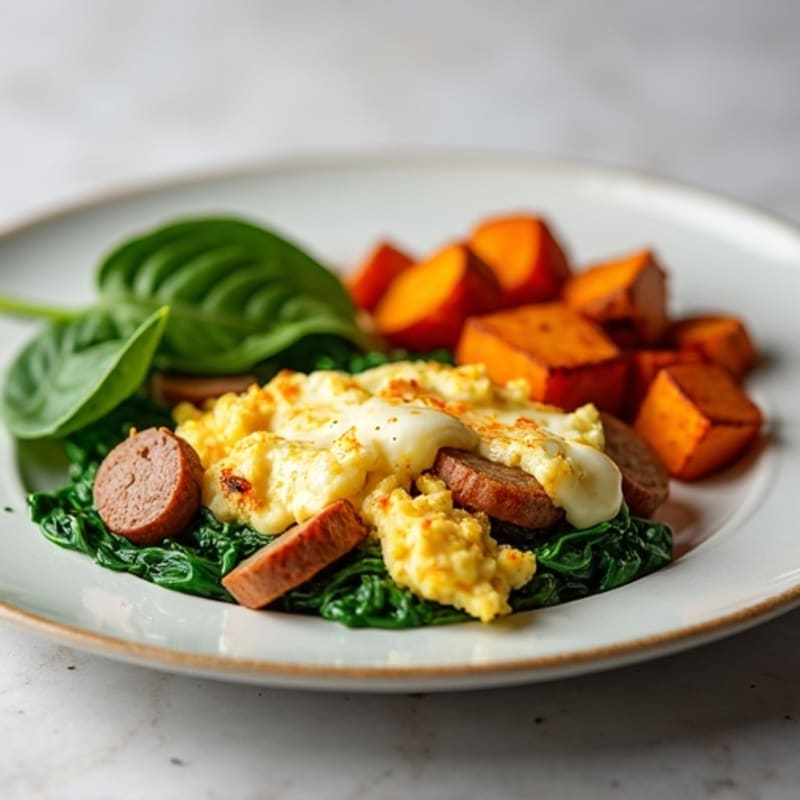 Egg White and Turkey Sausage Scramble with Spinach and Roasted Sweet Potatoes