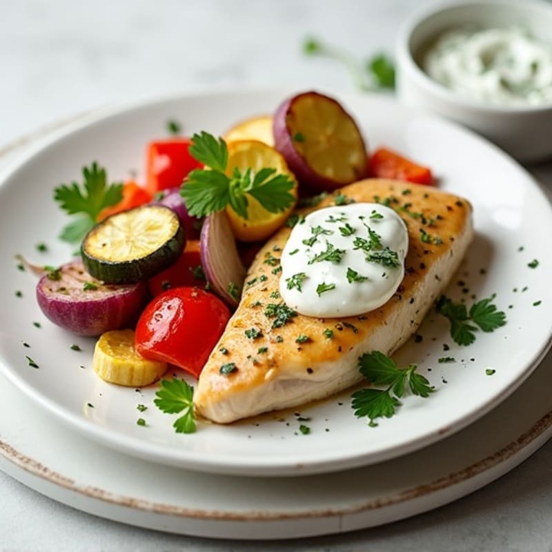 Lemon Herb Chicken with Roasted Vegetables and Creamy Dill Sauce