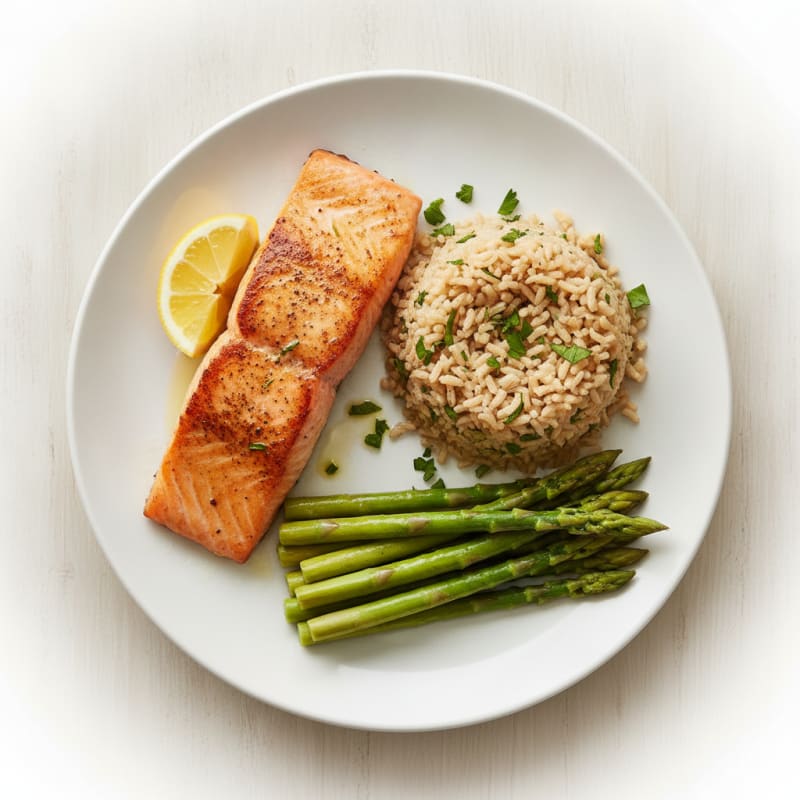 Seared Salmon with Steamed Asparagus and Herbed Brown Rice