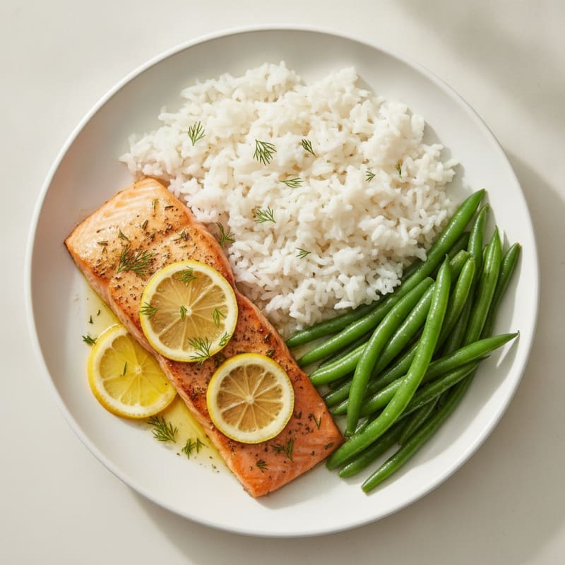 Herb-Roasted Salmon with Steamed Rice and Green Beans