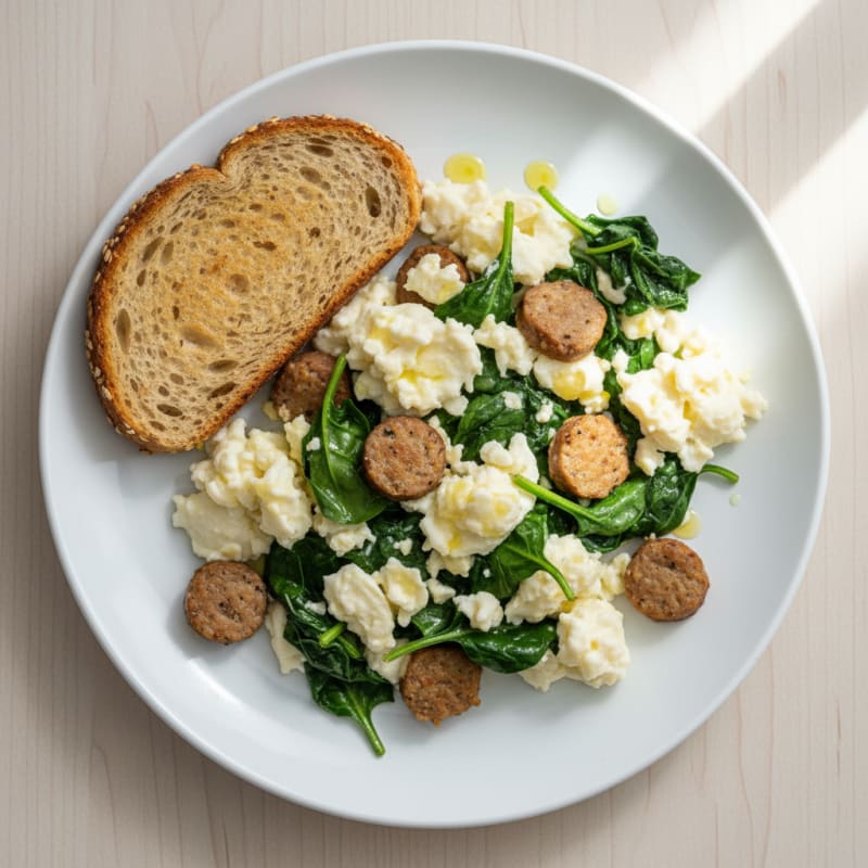 Egg White and Turkey Sausage Scramble with Sautéed Spinach